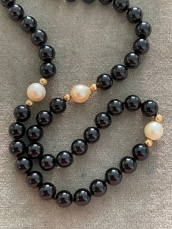 Onyx, Akoya Pearl, and Gold Bead Necklace