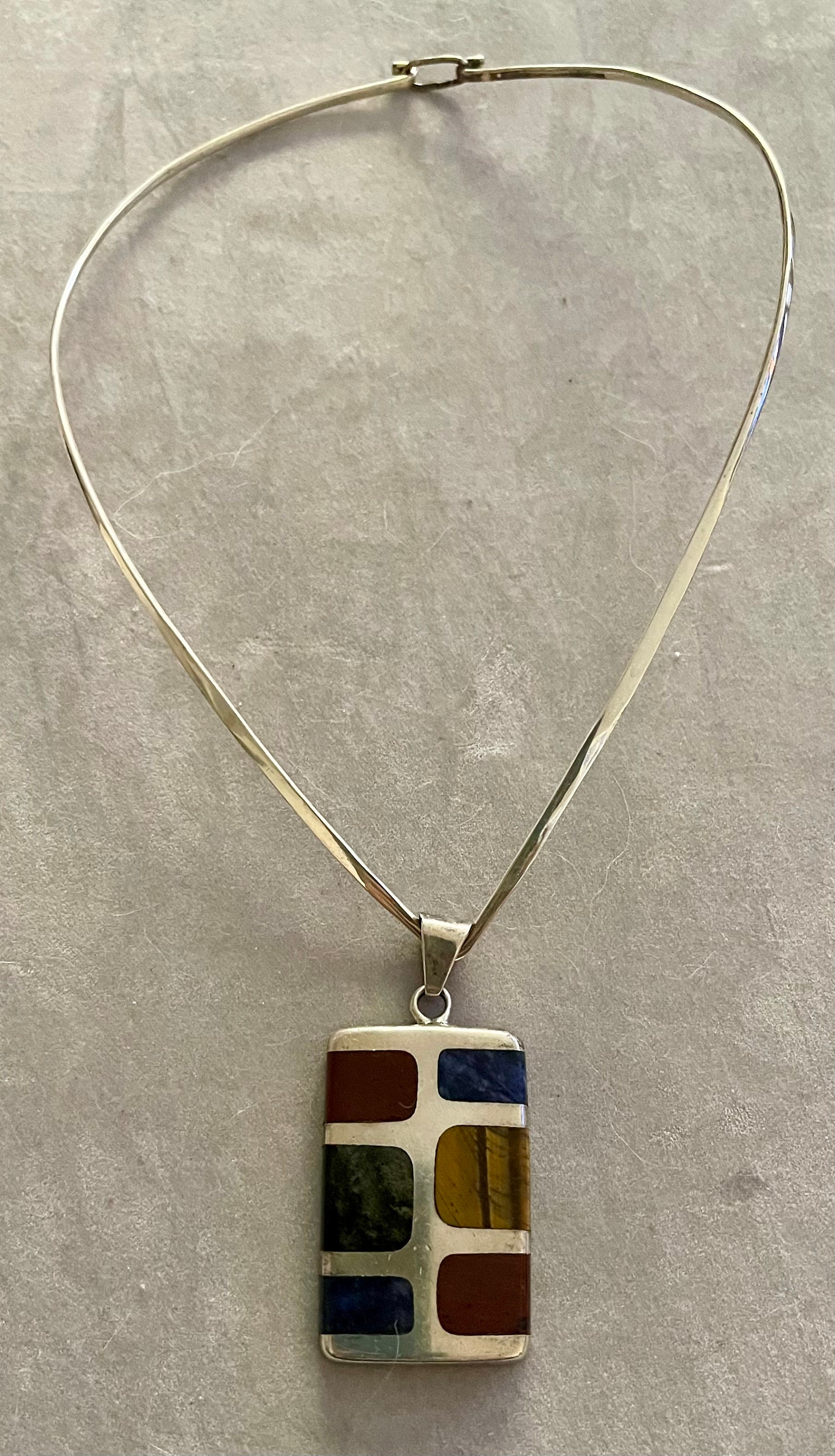 Vintage Quintin V Taxco Mexico Inlaid Semi-precious Stones Pendant 