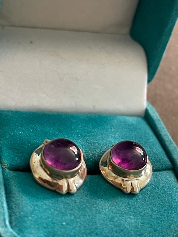 Sterling Button Size Cabachon Amethyst Earrings - image 2