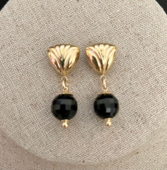 Vintage 14K Faceted Black Onyx Dangling Earrings
