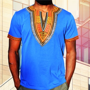 Men&#39;s Short-Sleeve African Print Dashiki T-Shirt (Blue)
