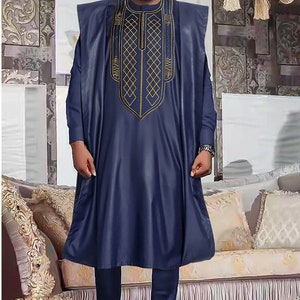 African Agbada set, matching shirt, agbada vest, and pant. African men clothing, wedding suit, groom suit, dashiki