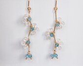 Blue Topaz and Clear Quartz Beaded Flowers on Twisted Gold Vines - Floral Branch - Dangle Earrings