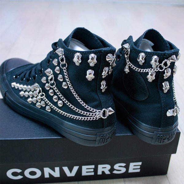 Genuine CONVERSE MonoChrome-Black with Skull & Chains All-star Chuck Taylor Sneakers Shoes Goth Metallica Spike Punk Rock