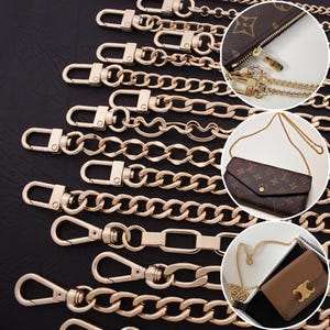 May include: Gold-coloured purse chains in diverse link styles and clasp designs. The image also shows close-up views of designer purses with matching gold chains, demonstrating the chains' use as purse straps and accessories.