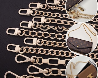 May include: Gold-colored purse chains with various link styles and clasp designs. The image also shows close-up views of designer purses with matching gold chains, showcasing the chains' use as purse straps and accessories.