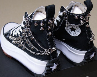 Genuine CONVERSE Run Star Hike Black with Studs & Chains Sneakers Shoes Goth Metallica Spike Punk Rock