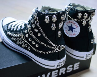 Genuine CONVERSE Black with Skull & Chains All-star Chuck Taylor Sneakers Shoes Goth Metallica Spike Punk Rock