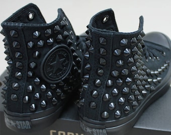 Genuine CONVERSE Monocrome-Black with Black studs All-star Chuck Taylor Sneakers Shoes Goth Metallica Spike Punk Rock