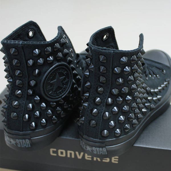 Genuine CONVERSE Monocrome-Black with Black studs All-star Chuck Taylor Sneakers Shoes Goth Metallica Spike Punk Rock