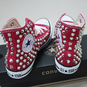 Studded CONVERSE Red With Silver Studs Chucks Sneakers High Tops Shoes Goth Metallica Spike Punk Rock