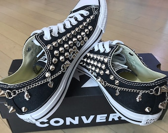 Genuine CONVERSE All-star low-top studed chain&skull Sneakers Shoes High-quality Goth Metallica Spike Punk Rock