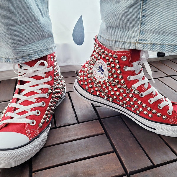 Genuine CONVERSE Red with studs & chains All-star Chuck Taylor Sneakers Shoes Goth Metallica Spike Punk Rock