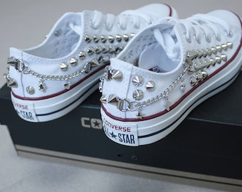 Genuine CONVERSE All-star low-top studed chain&skull Sneakers Shoes High-quality Goth Metallica Spike Punk Rock