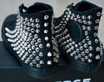 Studded CONVERSE Monocrome-Black with Silver Studs All-star Chucks Sneakers High tops Shoes Goth Metallica Spike Punk Rock