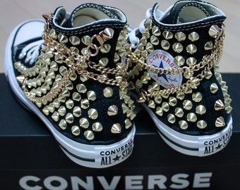 Genuine CONVERSE Black With Gold Studs & Gold Chains All