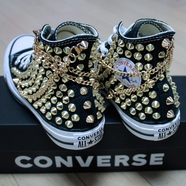 Genuine CONVERSE Black with Gold studs & Gold chains All-star Chuck Taylor Sneakers Shoes Goth Metallica Spike Punk Rock