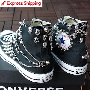 Genuine CONVERSE Black with Skull & Chains Circle Studs All-star Chuck Taylor Sneakers Shoes Goth Metallica Spike Punk Rock