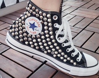 Black Silver Rings Spikes Punk Rock Mens High Top Sneakers Shoes