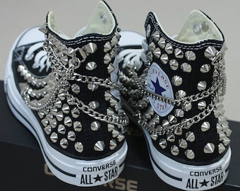 Genuine CONVERSE Black with studs & chains All-star Chuck Taylor Sneakers Shoes Goth Metallica Spike Punk Rock