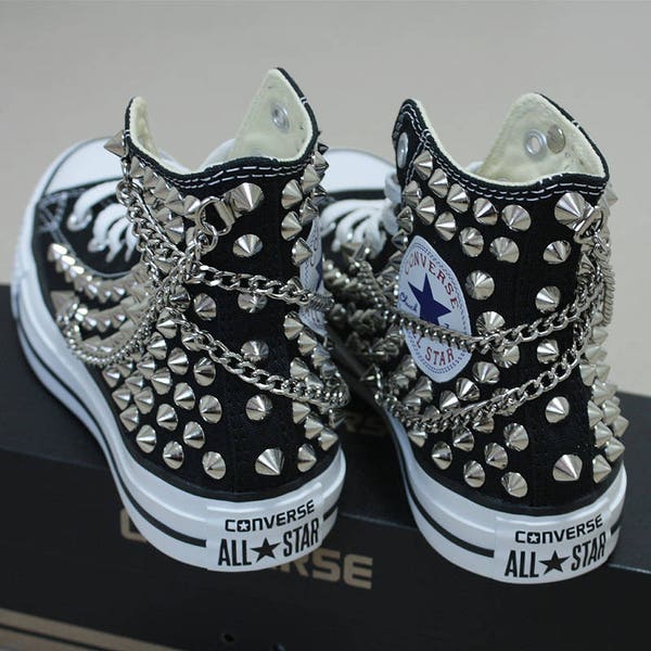 Genuine CONVERSE Black with studs & chains All-star Chuck Taylor Sneakers Shoes Goth Metallica Spike Punk Rock