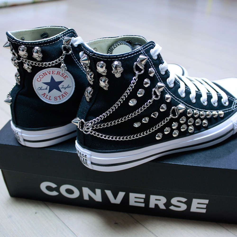 Studded CONVERSE Chucks Sneakers High Tops Black With Chains Studded CONVERSE Chucks Sneakers High Tops Black With Chains