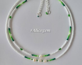 Shades of green beaded necklace with freshwater pearls, Beach Vibes, summer necklace, chocker, coastal granddaughter, old money, obx, surf