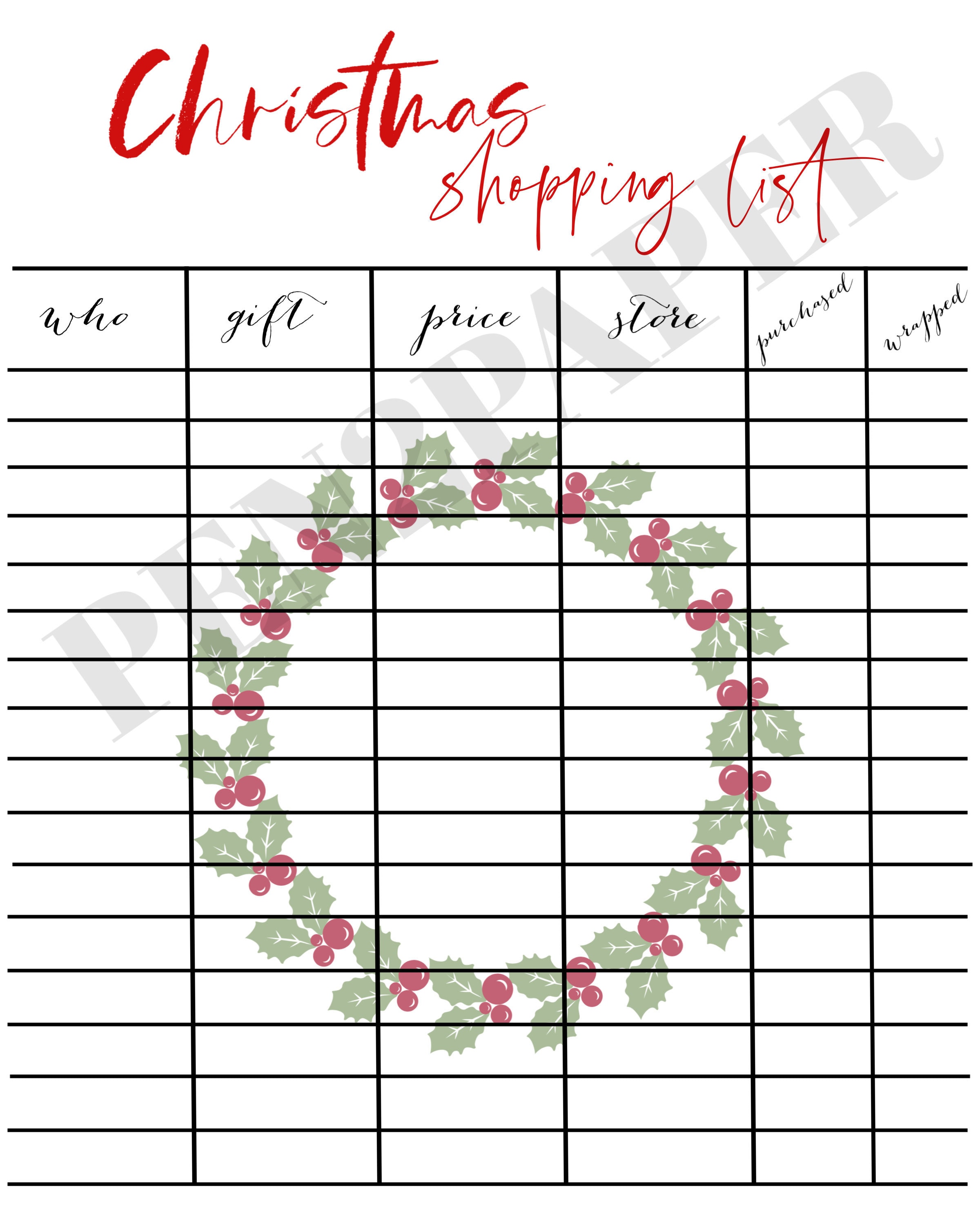 CHRISTMAS SHOPPING LIST Instant Download // Christmas Printable ...