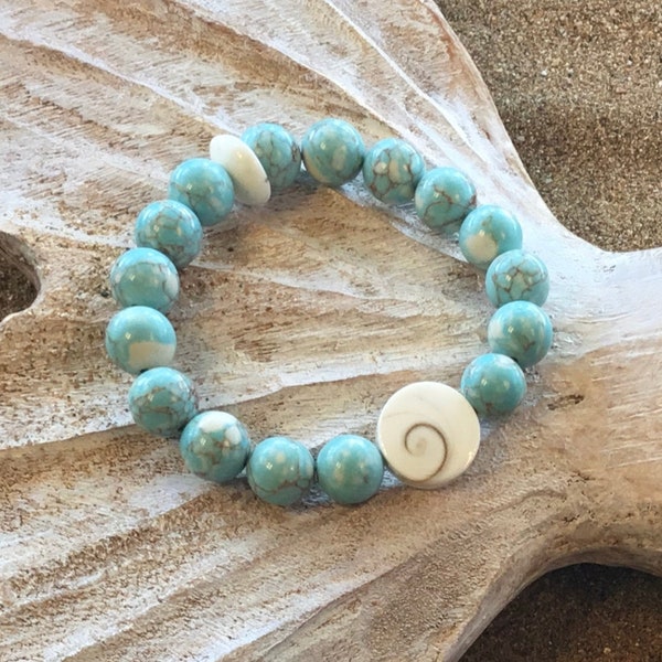 Made in Maui Turquoise & Shiva eye shell,Puka shell closre