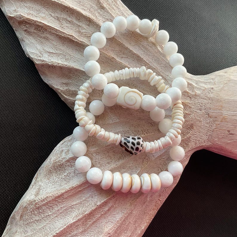 White Jade Bracelet Stack, Puka Shell, Shiva Eye - Ocean Inspired image 5