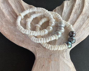 Puka shell bracelet with 3 Large Freshwater Pearl accent beads ! Pick your pearl color
