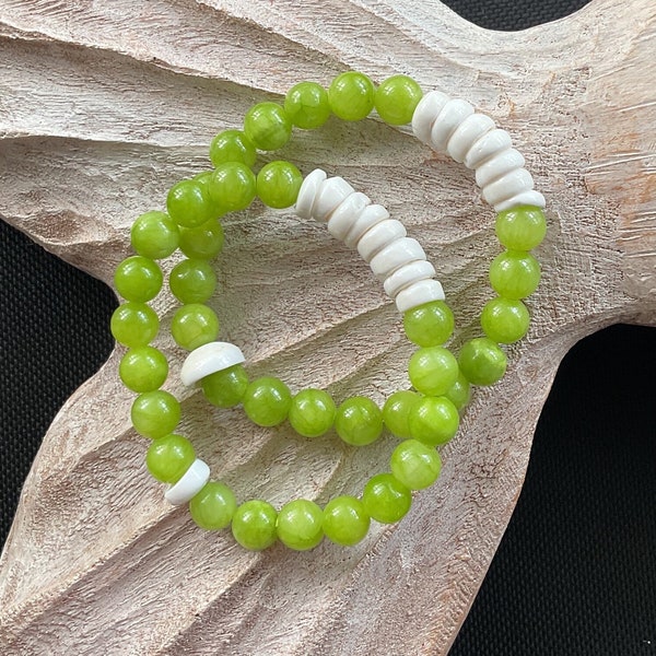 Pretty Puka shell accents with chartreuse jade beads