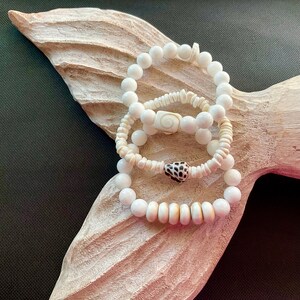 White Jade Bracelet Stack, Puka Shell, Shiva Eye - Ocean Inspired image 6