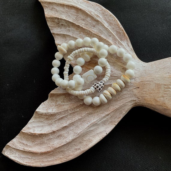 White Jade Bracelet Stack, Puka Shell, Shiva Eye - Ocean Inspired