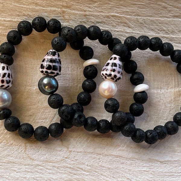 Men’s, women’s Lava stone bracelet with XL pearl & Hawaiian cone shell.pick your size and pearl color