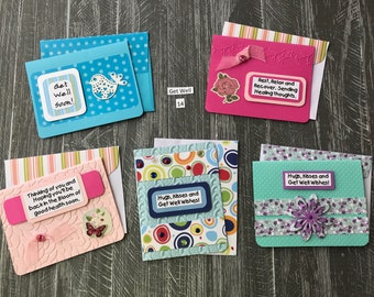GetWell Set 14 -Each card is handmade w/matching envelopes, 5 different cards for 7 dollars. Added bling, and embellishments.