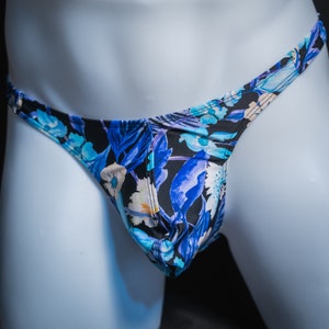 Mens Spandex Thong Blue Floral
