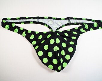 Mens Thong Underwear in Black With Green Dots