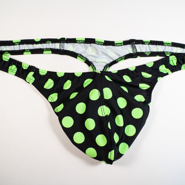 Mens Thong Underwear in Black With Green Dots