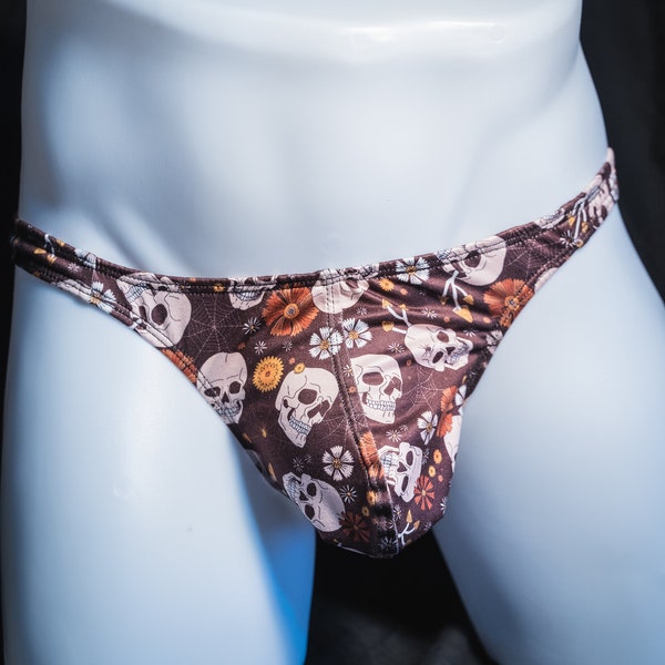 Mens Thong Underwear Brown Skulls and Mushrooms