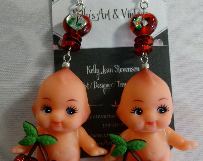 Vintage Kewpie Doll Earrings W/ Red Cherries Glitter Heart Etsy