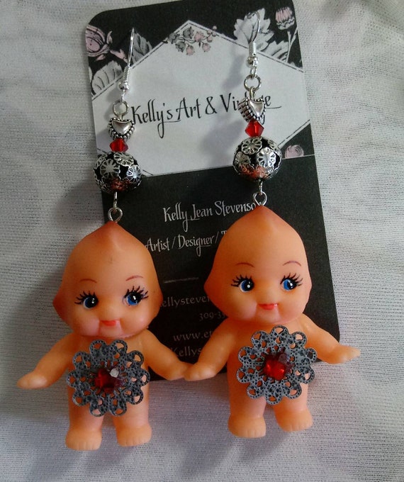 Vintage St. Kewpie Doll Earrings W/ Red Rhinestones Silver Etsy