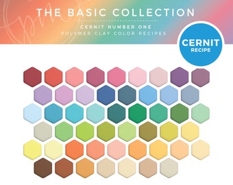 Puede incluir: Una carta de colores de 36 tonos diferentes de arcilla polimérica, dispuestos en un patrón de panal. La carta está etiquetada como "The Basic Collection, Cernit Number One, Polymer Clay Color Recipes".