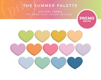 May include: A summer colour palette for polymer clay, featuring 12 heart-shaped samples in various shades of green, yellow, orange, pink, purple, blue, and light blue. The text "The Summer Palette" and "Sculpey Premo Polymer Clay Colour Recipes" is displayed at the top of the image. The text "Premo Recipe" is displayed in a circle at the top right of the image.