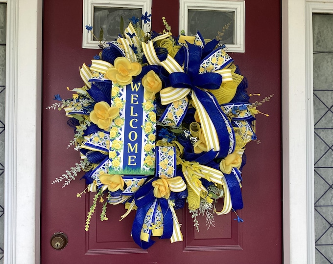Featured listing image: Luxury Blue and Yellow Welcome Summer Wreath