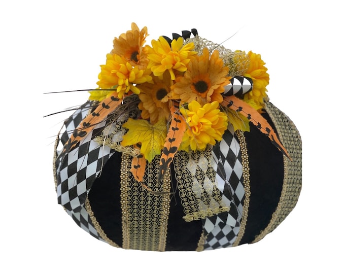 Featured listing image: Beautiful black velvet and gold harlequin bling wreath, velvet pumpkin wreath,fall bling velvet wreath, fall decor, door wall hanger.