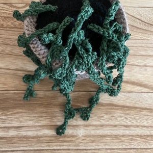 May include: A crocheted plant pot with a brown and beige exterior and green crocheted leaves. The pot is filled with black fabric.