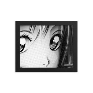 Puede incluir: Ilustración en blanco y negro de la cara de una mujer con ojos grandes y expresivos. La imagen está en estilo de cómic.