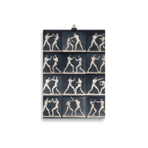 Könnte beinhalten: Ein Schwarzweißfoto von zwei Männern beim Boxen. Das Foto ist in 18 Bilder aufgeteilt, die die Männer in verschiedenen Positionen beim Schlagen von Schlägen zeigen.