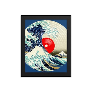 Álbum de gravação Vinil LP Asiático Japonês Onda Azul Pôster emoldurado